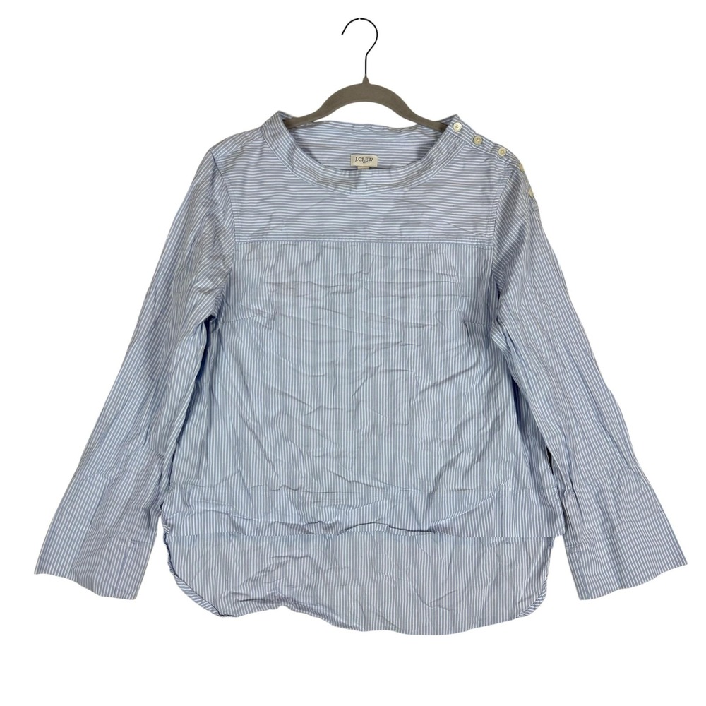 J.Crew Blouse Womens 10 Blue Stripe Boat Neck Button Shoulder Long Sleeve‎